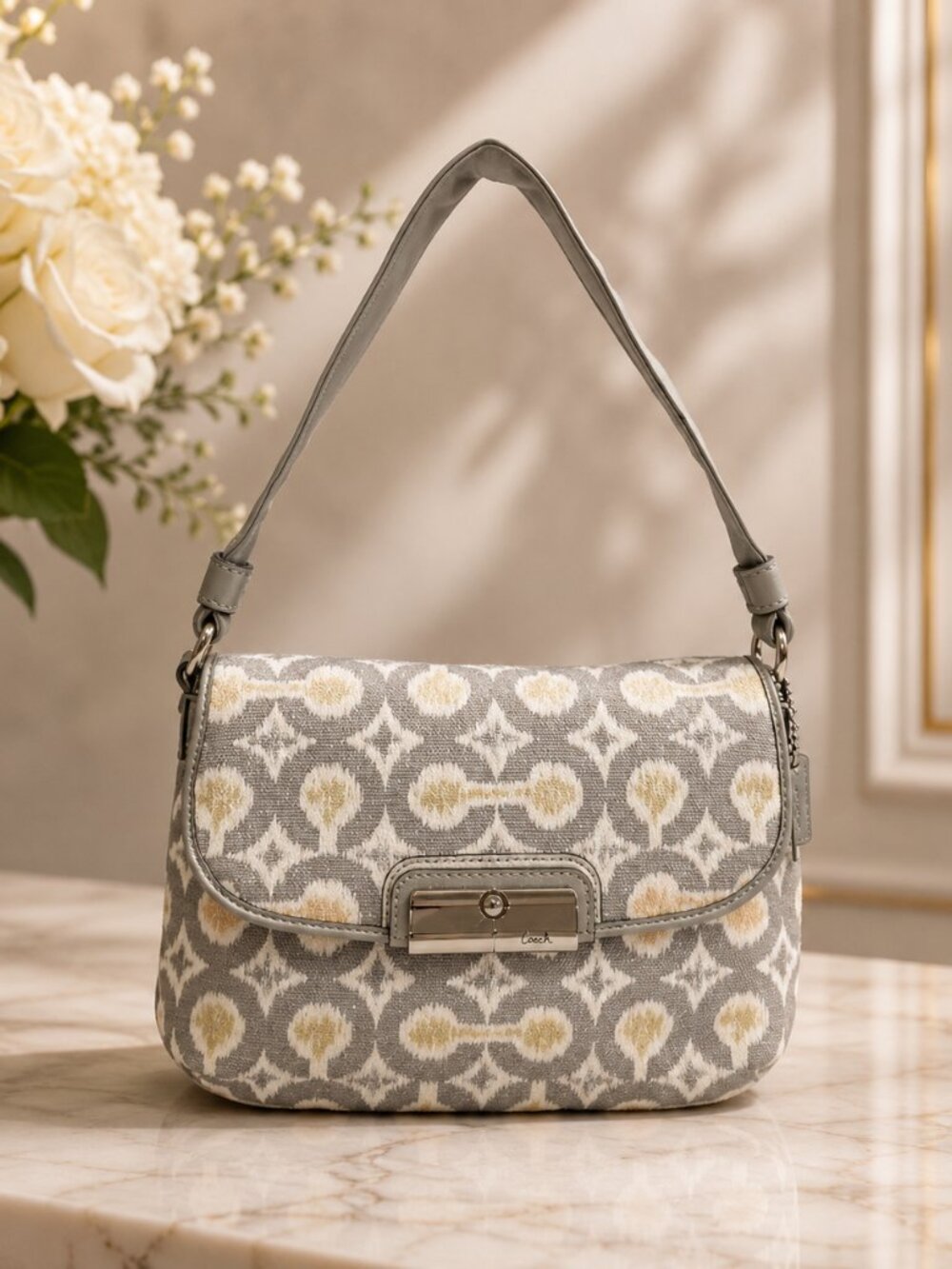 Coach Kristin Op Art Ikat Canvas Flap Shoulder Bag Grey Metallic Silver Trim